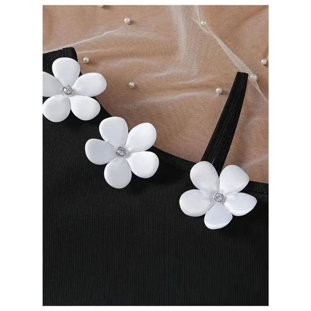Petal Pop 2pc Set – Black & White Tank and Shorts with 3D Flower Embellishments